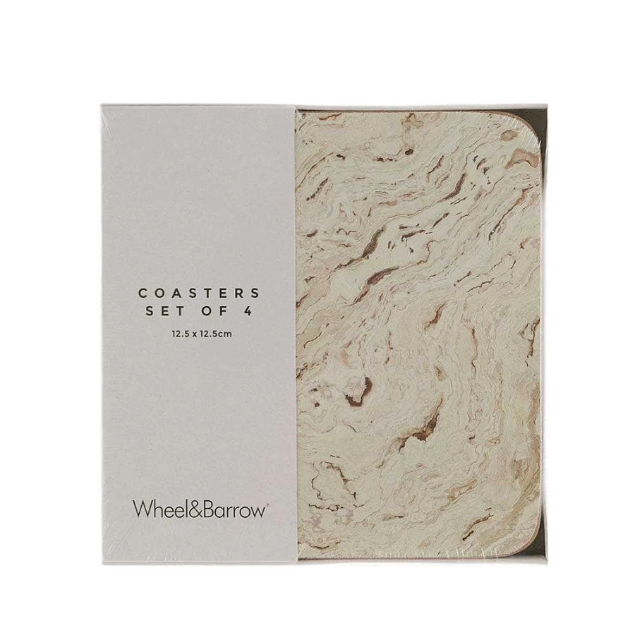 Wheel and Barrow Square Travertine Coasters Set of 4 with Cork Backing - 12.5cm Natural Stone Drink Coasters for Home & Bar