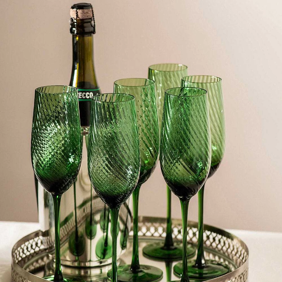 Wheel and Barrow Emerald Green Champagne Flutes - Set of 2, 270ml Crystal Glass Flutes with Swirl Design, Elegant Stemware for Weddings and Parties
