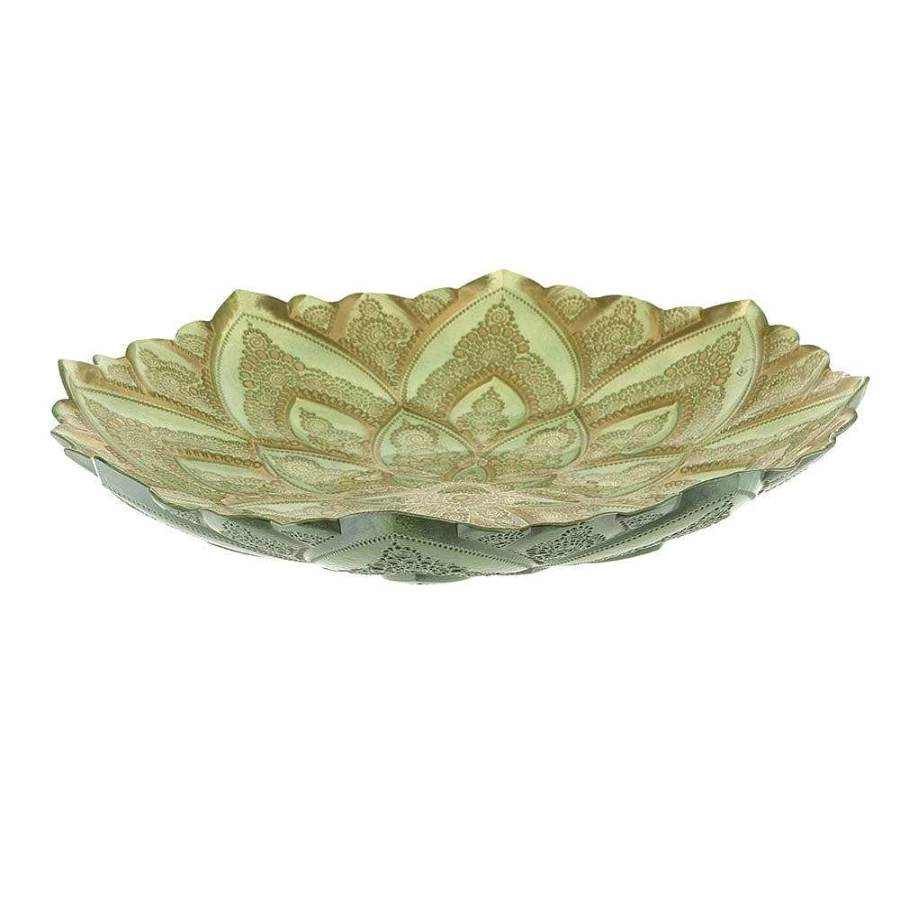 Wheel and Barrow Mandala Gold Mint Serving Bowl 41cm - Handcrafted Decorative Large Bowl for Entertaining