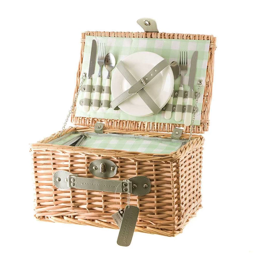 Wheel and Barrow 2-Person Picnic Basket - Natural Wicker with Green Gingham Lining - Portable Outdoor Picnic Hamper for Couples