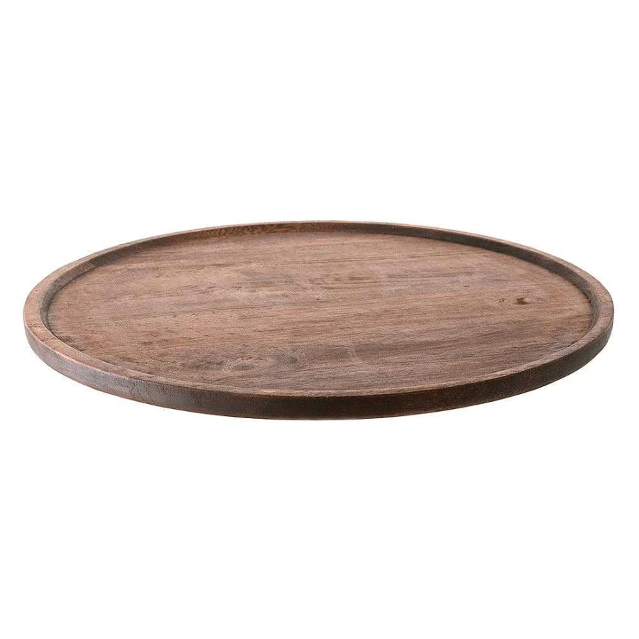 Wheel and Barrow Round Acacia Wood Serving Tray 48cm Dark Brown - Handcrafted Rustic Wooden Charcuterie Board