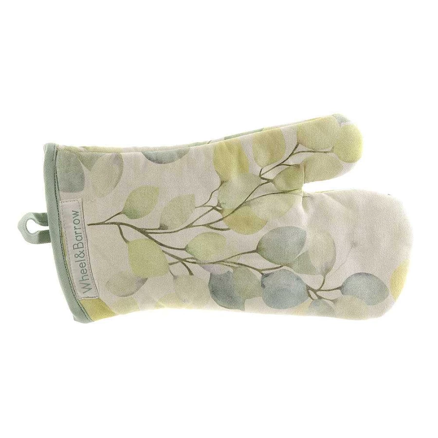 Wheel and Barrow Heat Resistant Leaf Print Oven Mitts - Neutral Kitchen Gloves for Baking & Cooking