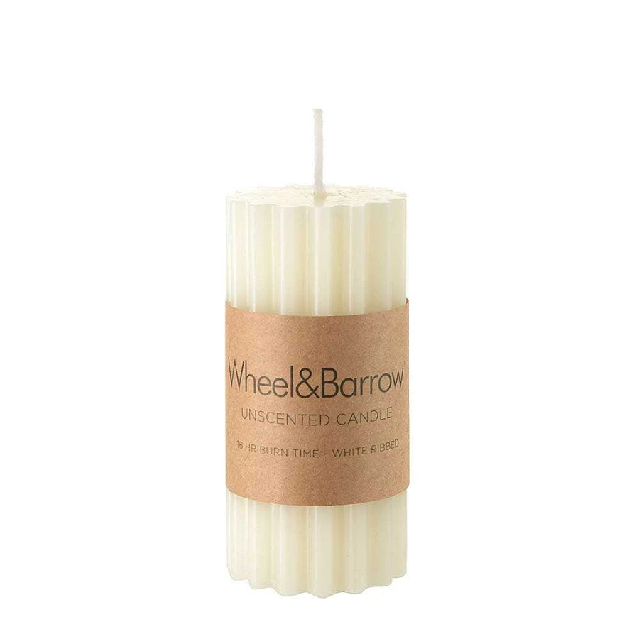 "Wheel and Barrow White Ribbed Pillar Candle - 5x10cm Elegant Decorative Candle"