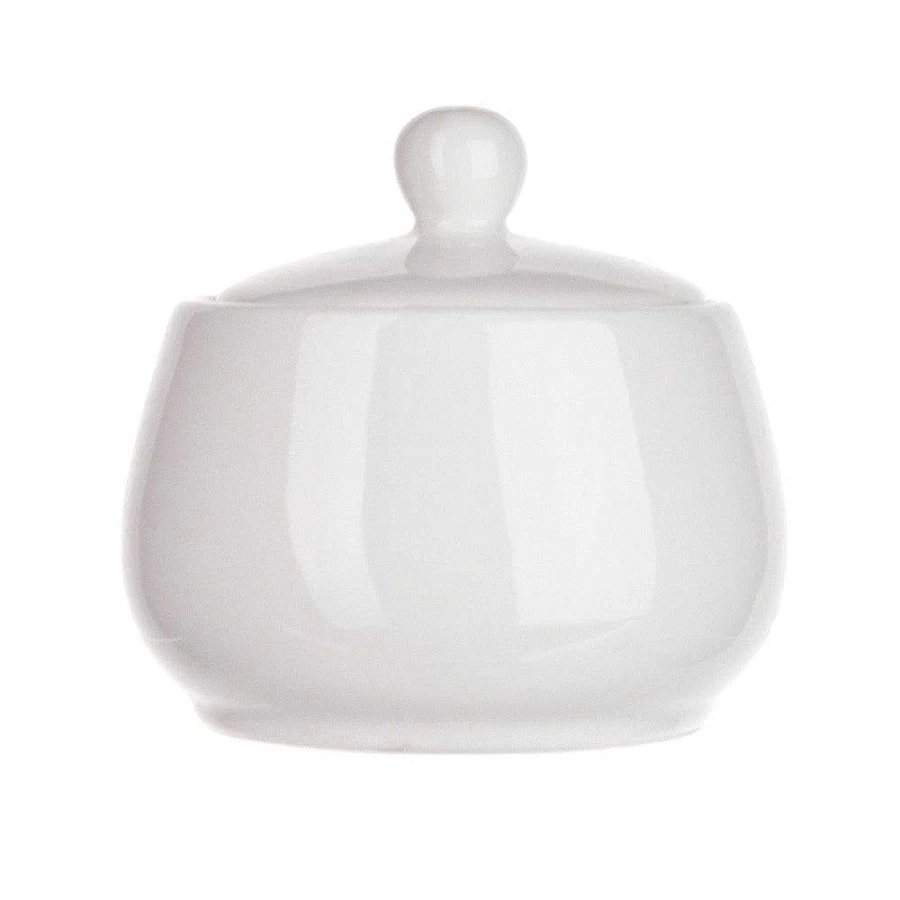 Wheel and Barrow Porcelain Sugar Bowl with Lid - 8.9cm Diameter, Classic White Ceramic Canister for Tea & Coffee Storage