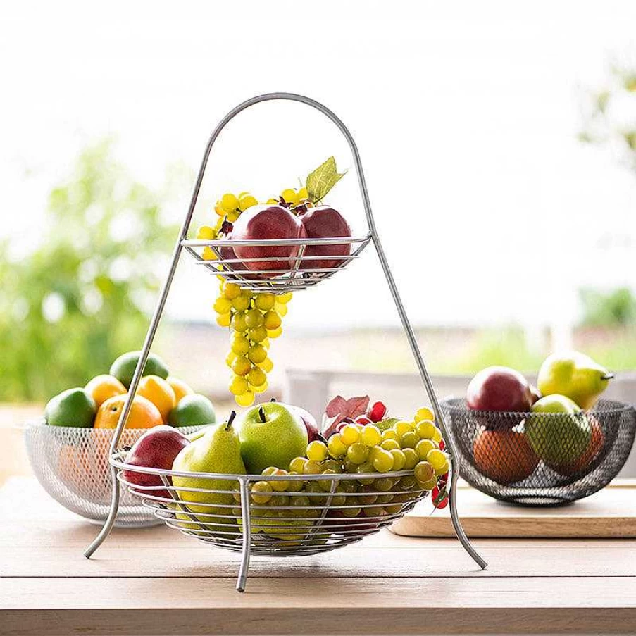 Wheel and Barrow 2-Tier Silver Wire Fruit Basket - 37x35x49cm Kitchen Storage Organizer