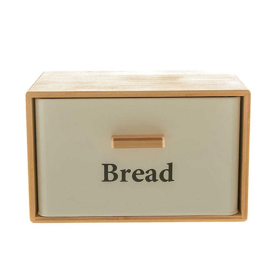 Wheel and Barrow White Metal Bread Bin with Bamboo Lid - 30x23x18cm Kitchen Storage Container
