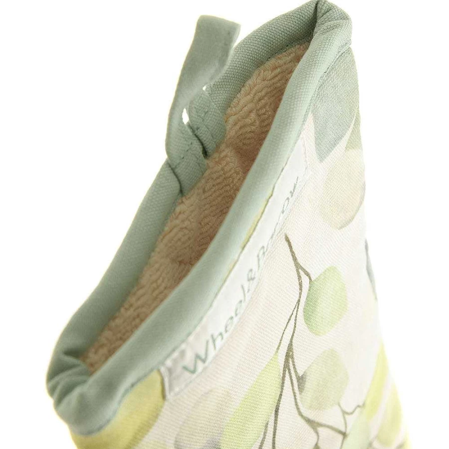 Wheel and Barrow Heat Resistant Leaf Print Oven Mitts - Neutral Kitchen Gloves for Baking & Cooking