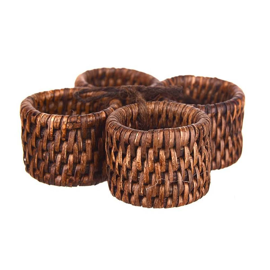 Wheel and Barrow Dark Brown Rattan Napkin Rings - Set of 4 Handwoven Natural Fiber Table Decor