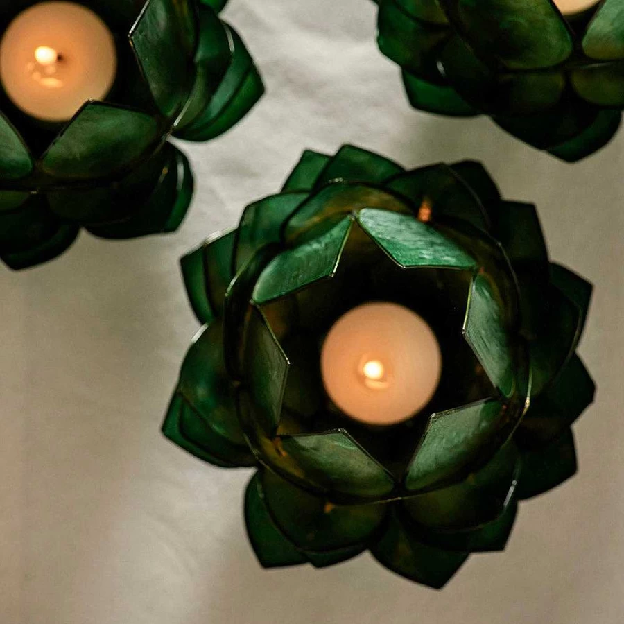 Wheel and Barrow Dark Green Cabbage Capiz Tealight Holder for Home Decor