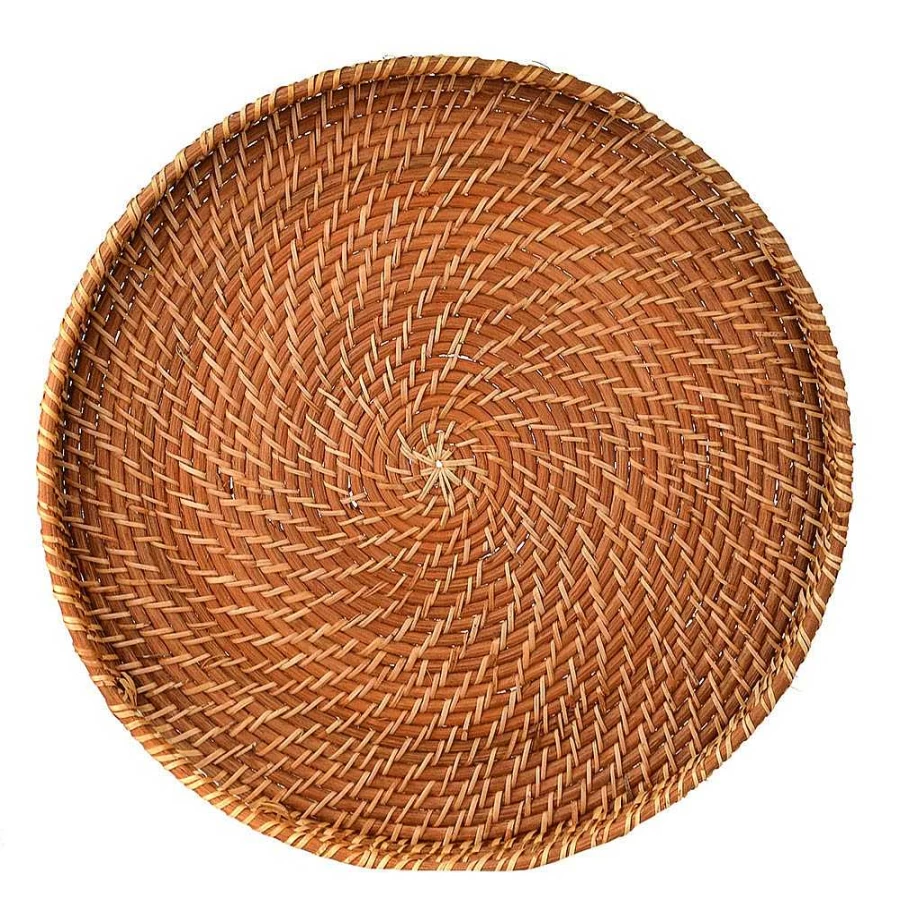 Wheel & Barrow Large Honey Brown Round Rattan Tray with Handles - 45cm x 35cm Natural Weave Storage Basket