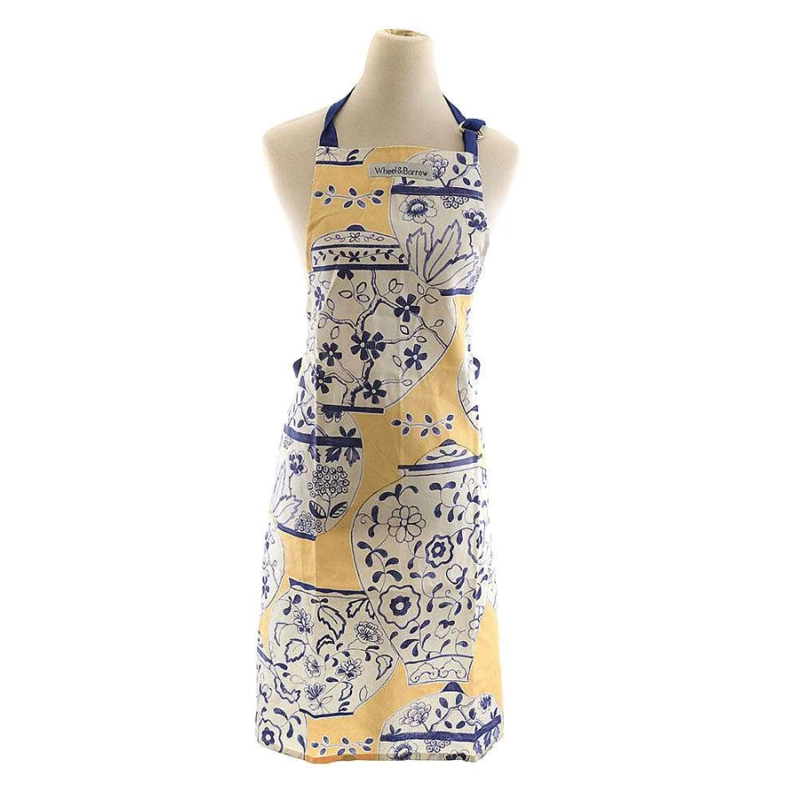 "Wheel and Barrow Blue White & Yellow Teapot Print Apron - Vintage Kitchen Apron with Floral Design"