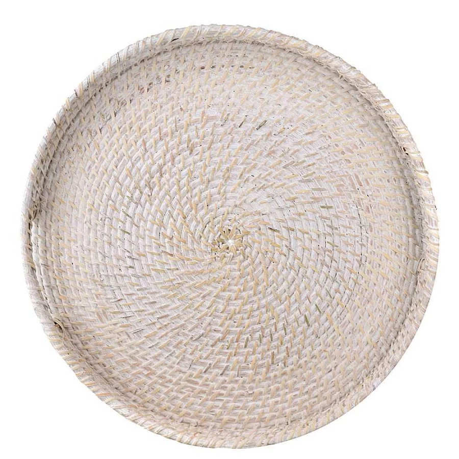 Wheel and Barrow White Washed Rattan Serving Tray - Large 45cm x 8cm Round Natural Fiber Basket